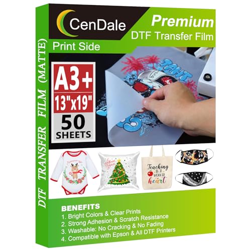 CenDale Premium DTF Transfer Film 13"x19" - A3 Plus 50 Sheets Double-Sided Matte Clear PreTreat Sheets PET Heat Transfer Paper for DIY Direct Print on All Fabric and Colors T-Shirts Textile - Image 1