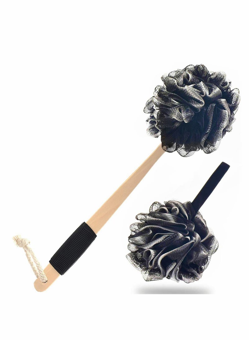 Loofah with Handle, Back Scrubber Bath Ball, Long Handle Brush Stick, Silk Shower Belt PE Soft Mesh Men's Ladies Sponge (Black) - Image 1