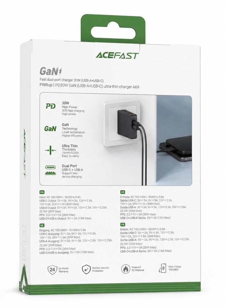 أسيفاست شاحن جداري سريع ونحيف للغاية إيسفاست (ACEFAST A69) بتقنية GaN ومنفذين USB-C + USB-A بقوة 30 واط - قابس أوروبي - Image 2