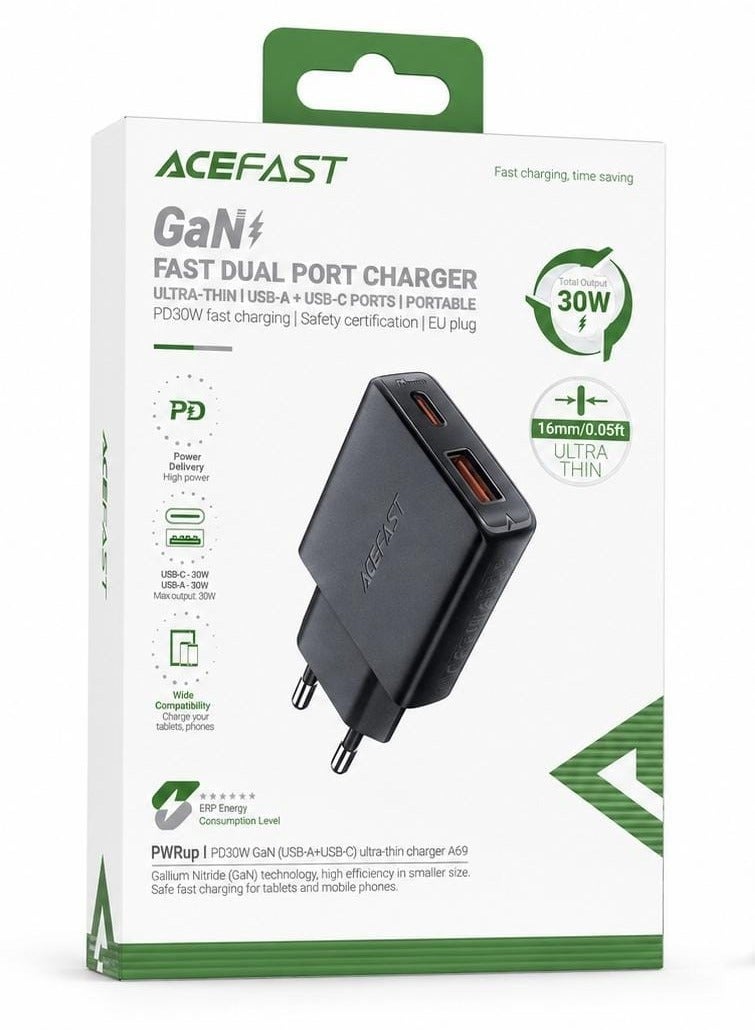 أسيفاست شاحن جداري سريع ونحيف للغاية إيسفاست (ACEFAST A69) بتقنية GaN ومنفذين USB-C + USB-A بقوة 30 واط - قابس أوروبي - Image 1