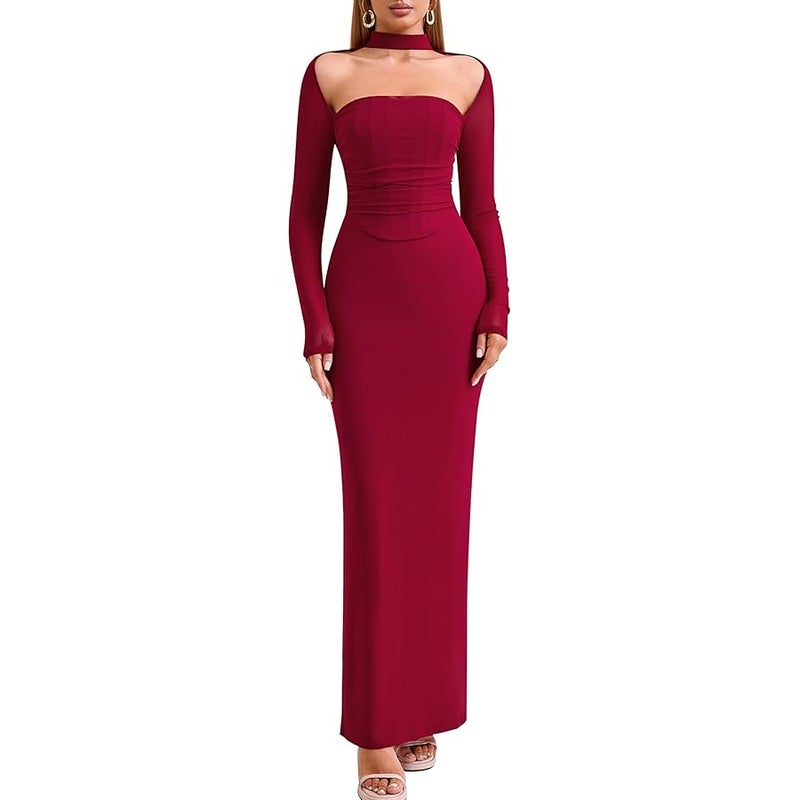 HTZMO Women Long Sleeve Bodycon Maxi Dress Halter Neck Ruched Elegant Wedding Guest Formal Long Dresses - Image 1
