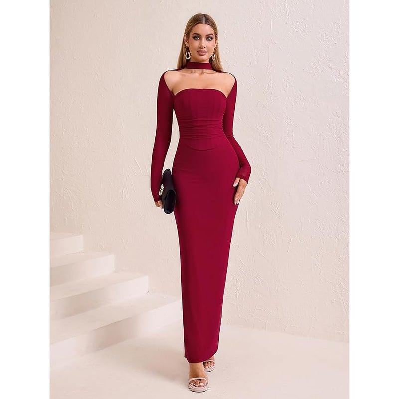 HTZMO Women Long Sleeve Bodycon Maxi Dress Halter Neck Ruched Elegant Wedding Guest Formal Long Dresses - Image 3