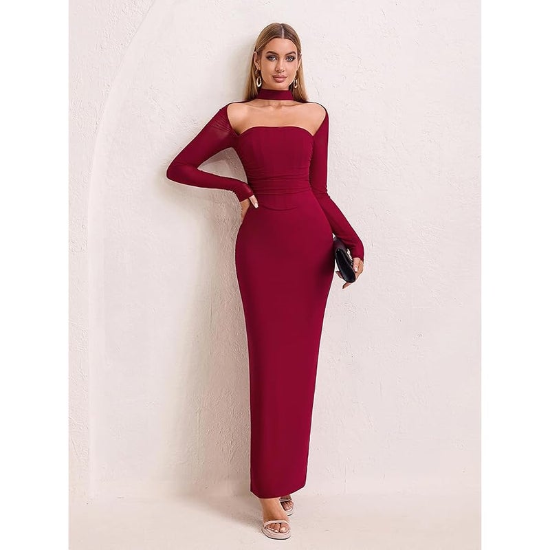 HTZMO Women Long Sleeve Bodycon Maxi Dress Halter Neck Ruched Elegant Wedding Guest Formal Long Dresses - Image 4
