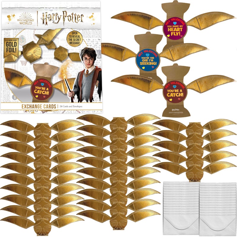 Harry Potter Golden Snitch Valentine's Day Card Set for Kids, 28 Card Pack & Envelopes - Shiny Gold Foil Snitch Cards with Fun Greetings - Great for School Classroom Exchange Parties - Boys & Girls 4+ - Image 1