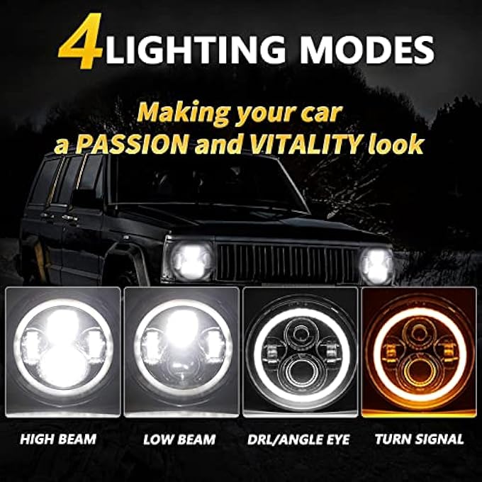 Eacam Ipega 7 Inch 6000K Ip67 Waterproof Led Headlights Round Halo Angel Eyes Drl Amber Turn Signal Headlights Replace HighLow Beam Compatible With Most Car 2Pcs - Image 5