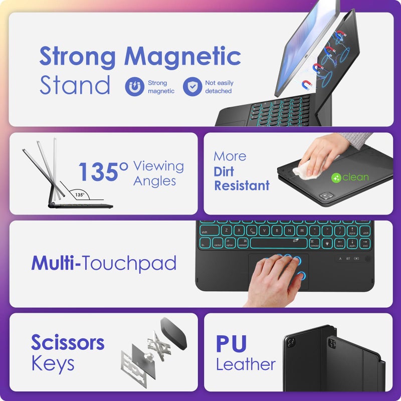 NOKBABO Keyboard Case for iPad Air 11-inch (M3 2025 / M2 2024) & iPad Pro 11 inch(1st/2nd/3rd/4th), Magic-Stand, 7-Color Backlit, Multi-Touchpad, Magnetic Keyboard for iPad Air 5th/4th -Black - Image 3