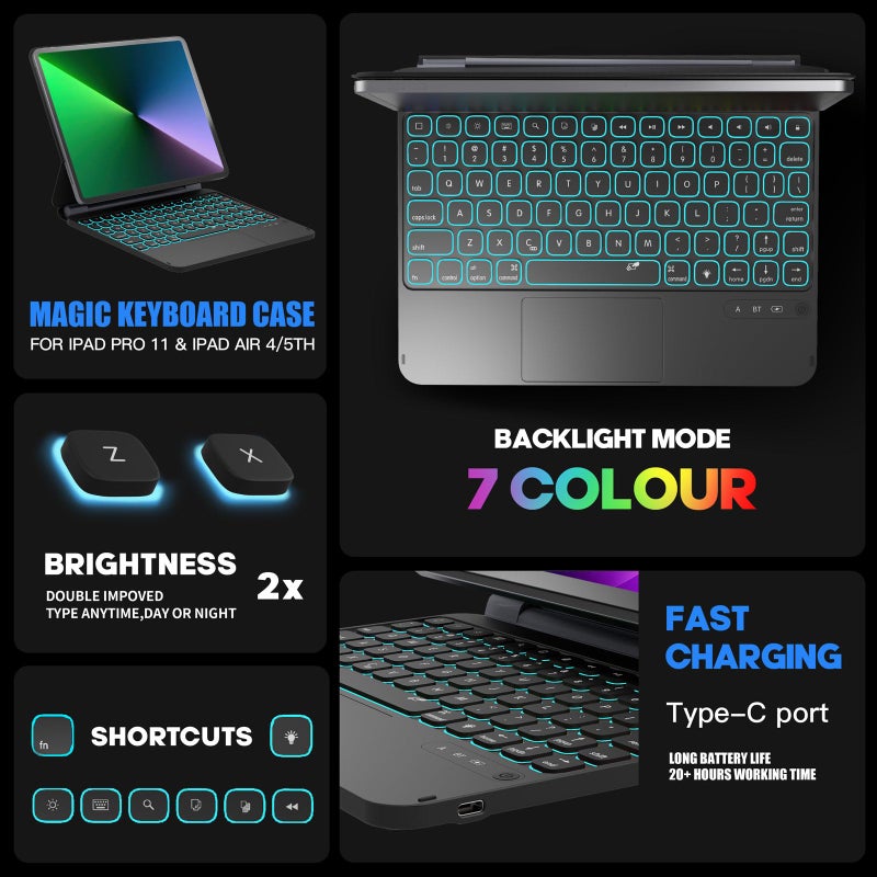NOKBABO Keyboard Case for iPad Air 11-inch (M3 2025 / M2 2024) & iPad Pro 11 inch(1st/2nd/3rd/4th), Magic-Stand, 7-Color Backlit, Multi-Touchpad, Magnetic Keyboard for iPad Air 5th/4th -Black - Image 4