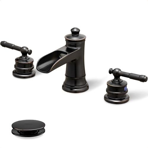 HOIGY Oil Rubbed Bronze Bathroom Faucet, Brass Waterfall Faucet Widespread Bathroom Sink Faucet 3 Hole, 4-16 Inch Bathroom Faucets with Pop Up Drain 2 Handle & Supply Hose for Hotel Farmhouse Antique - Image 1