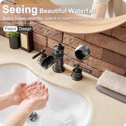 HOIGY Oil Rubbed Bronze Bathroom Faucet, Brass Waterfall Faucet Widespread Bathroom Sink Faucet 3 Hole, 4-16 Inch Bathroom Faucets with Pop Up Drain 2 Handle & Supply Hose for Hotel Farmhouse Antique - Image 2