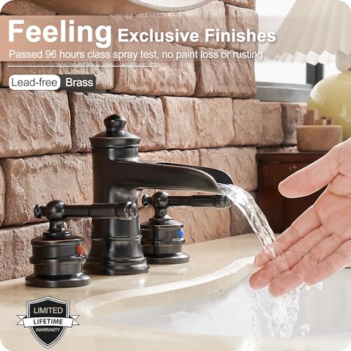 HOIGY Oil Rubbed Bronze Bathroom Faucet, Brass Waterfall Faucet Widespread Bathroom Sink Faucet 3 Hole, 4-16 Inch Bathroom Faucets with Pop Up Drain 2 Handle & Supply Hose for Hotel Farmhouse Antique - Image 4