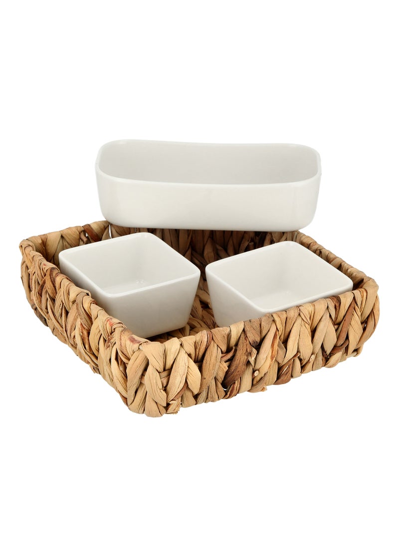 La Mesa Porcelain Bowl Set With Rattan Basket Squared White ‎35.81 x 35.56 x 11.18 cm  - Image 3