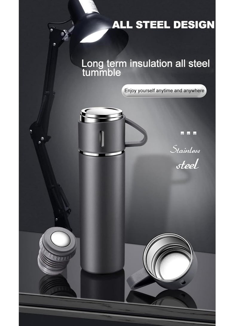 Sprinters - 500Ml Stainless Steel Vacuum Thermos Flask With Silicone Handle And Insulated Water Bottle With 2 Stainless Steel Cups Set For Hot And Cold Outdoor Travel | Gift Box (1 Pack, Grey) - Image 2