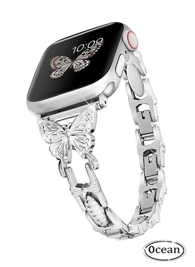 Ocean - Shiny Diamond On erfly Jewelry Metal Strap For Apple Watch SE Series 8/7/6/5/4/3/2/1 (Silver, 38mm/40mm/41mm) - Image 1