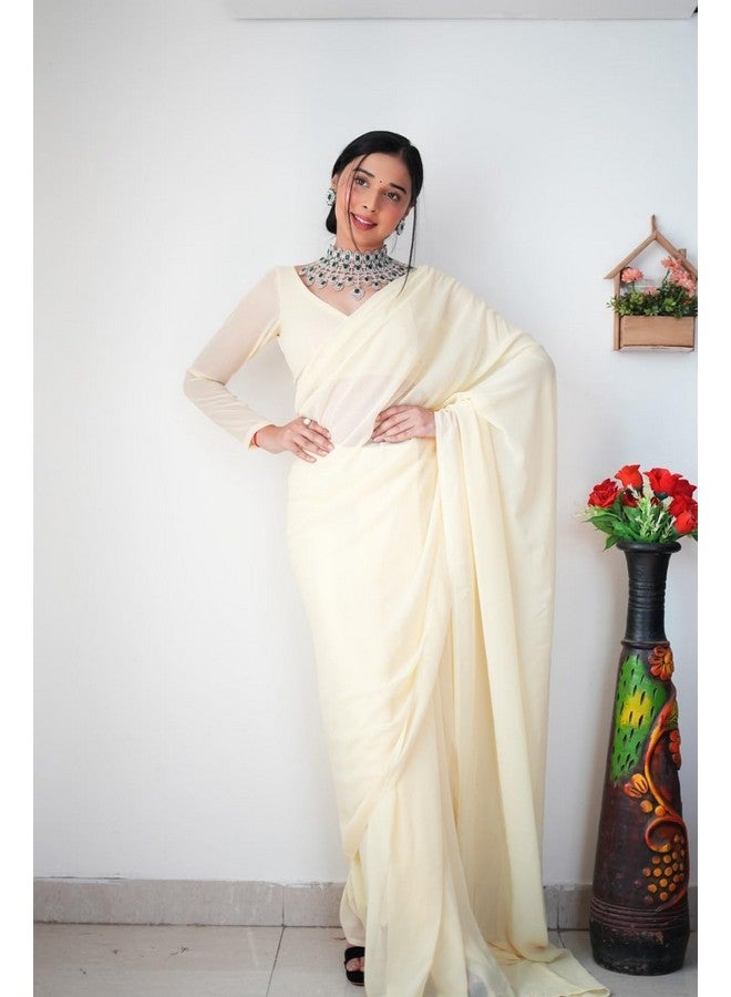 Dharmik Women's Plain Georgette Saree with Unstitched Blouse Piece. (Cream) - Image 3