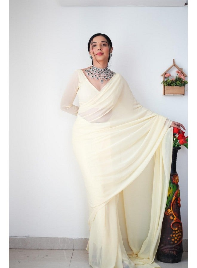 Dharmik Women's Plain Georgette Saree with Unstitched Blouse Piece. (Cream) - Image 2