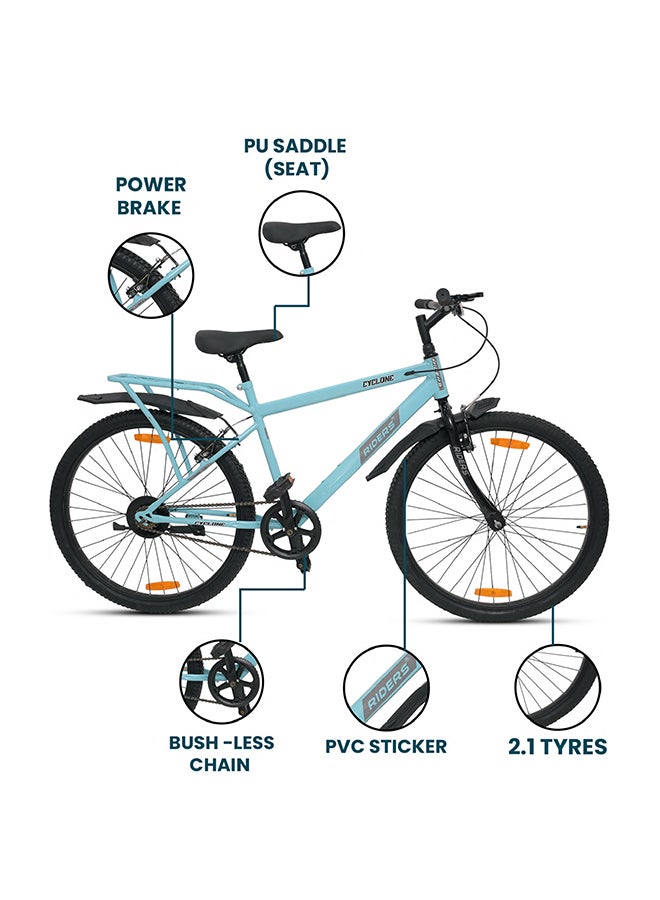 Riders Cyclone 26T Mountain Bicycle for Men & Women | Heavy-Duty Steel Frame, Front Suspension & Power Brakes | Inner Cable Routing with Rear Carrier, Mud Guards & Non-Slip Multi-Terrain Tyres | City Ride Cycle | Blue - Image 3