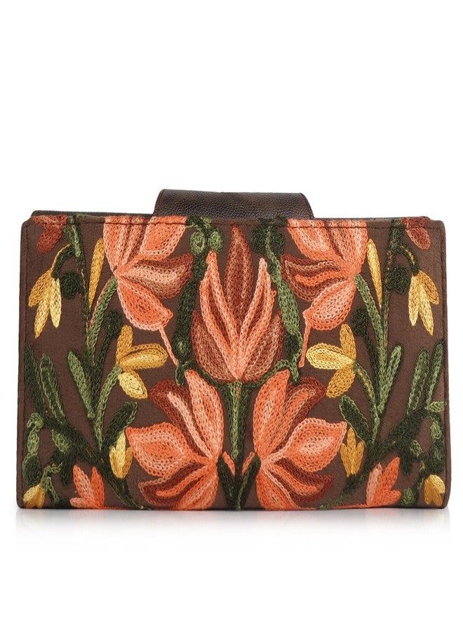 EVEDA Floral Embroidered Wallet for Women, GreenPU Leather with Pink Flowers, Multi Compartment with Magnetic Button (Brown) - Image 2