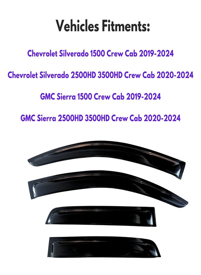 KPY Window Visor for 2019-2024 GMC Sierra Crew Cab & Chevrolet Chevy Silverado 1500 Crew Cab, 2500HD 3500HD 2020-2024, 4PC Rain Guards Tape-On Style, 2019 2020 2021 2022 2023 2024 (Crew Cab Only) - Image 2