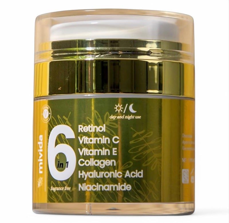 Mivida كريم ميفيدا المتقدم بالريتينول للوجه والرقبة | مرطب مضاد للشيخوخة 6 في 1 مع الكولاجين، الهيالورونيك، فيتامين C و E | يشد، يقلل التجاعيد، الخطوط الدقيقة والبقع الداكنة | كريم وجه يومي 1.7 أونصة سائلة - Image 1