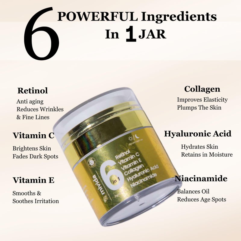 Mivida كريم ميفيدا المتقدم بالريتينول للوجه والرقبة | مرطب مضاد للشيخوخة 6 في 1 مع الكولاجين، الهيالورونيك، فيتامين C و E | يشد، يقلل التجاعيد، الخطوط الدقيقة والبقع الداكنة | كريم وجه يومي 1.7 أونصة سائلة - Image 3