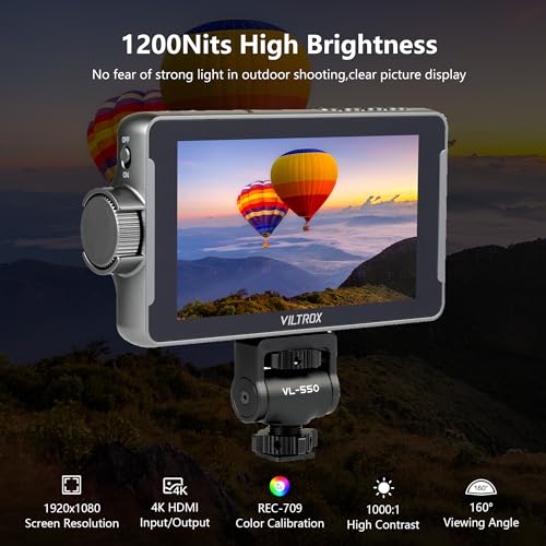 VILTROX DC550 Pro Touchscreen Camera Field Monitor 4K HDMI 55 Inch DSLR Camera Monitor with Battery Sunshade Hood 3D Lut Peaking Focus Assist 1200 nits 160 Wide View Angle DC 12V TypeC 5V in - Image 3