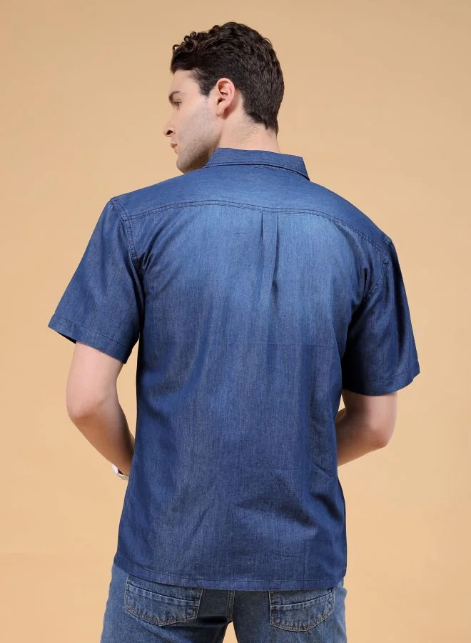The Indian Garage Co Men Relaxed Fit Solid Half Sleeves Camp Collar Street Wear Denim Shirt