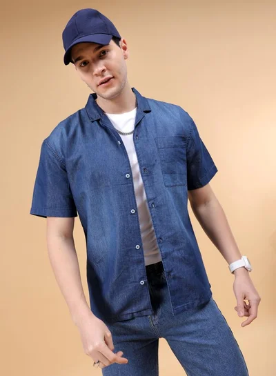 The Indian Garage Co Men Relaxed Fit Solid Half Sleeves Camp Collar Street Wear Denim Shirt