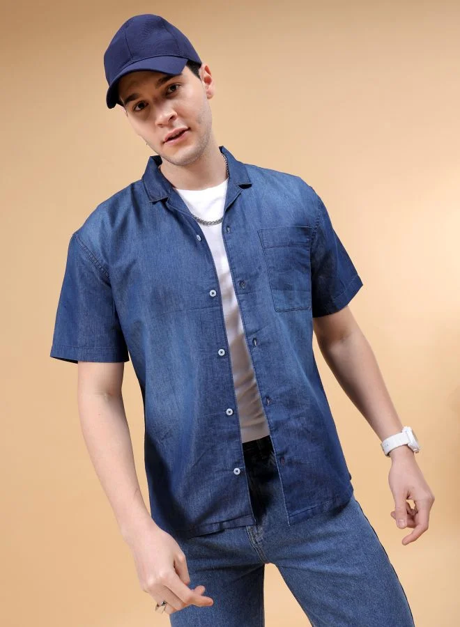 The Indian Garage Co Men Relaxed Fit Solid Half Sleeves Camp Collar Street Wear Denim Shirt