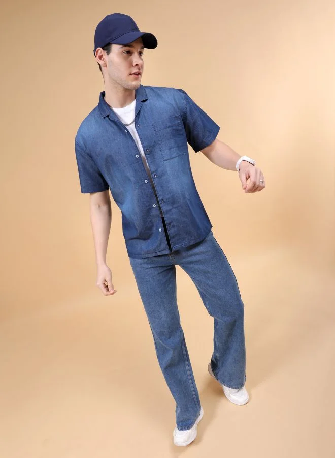 The Indian Garage Co Men Relaxed Fit Solid Half Sleeves Camp Collar Street Wear Denim Shirt