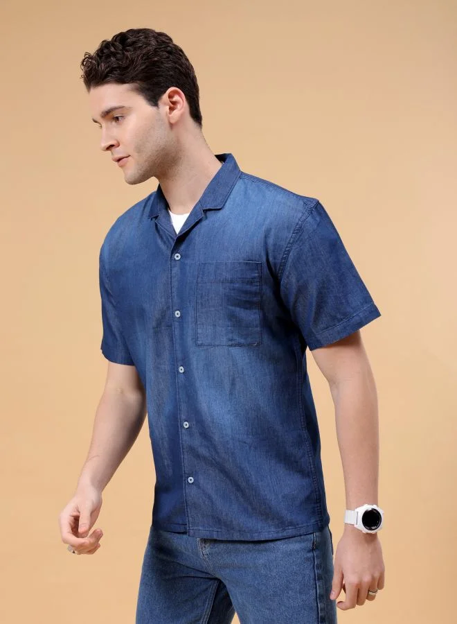 The Indian Garage Co Men Relaxed Fit Solid Half Sleeves Camp Collar Street Wear Denim Shirt