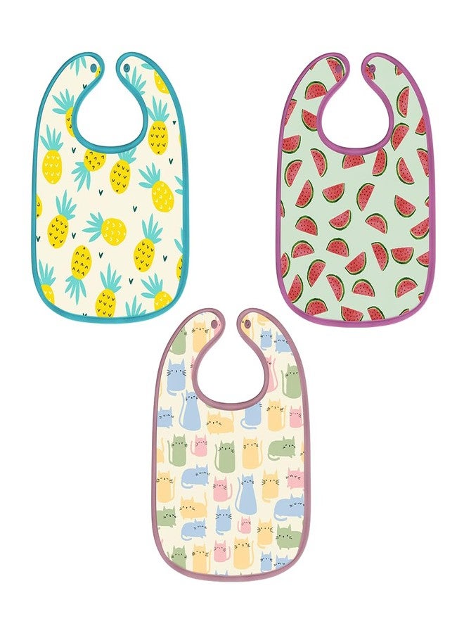 Happy Matty مجموعة مرايل رضاعة الأطفال من هابي ماتي، سريعة الجفاف وقابلة للغسل، 3 قطع، متعددة الألوان، من 0 إلى 3 سنوات، بتصميمات قطة وأناناس وبطيخ، حجم كبير (28 سم × 20 سم). - Image 1