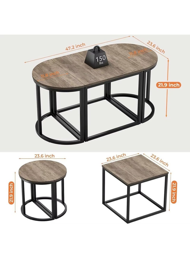 AGD 3-Piece Oval Coffee Table Set, Stackable, Center Table with Metal Frame for Home and Office, Grey  - Image 4