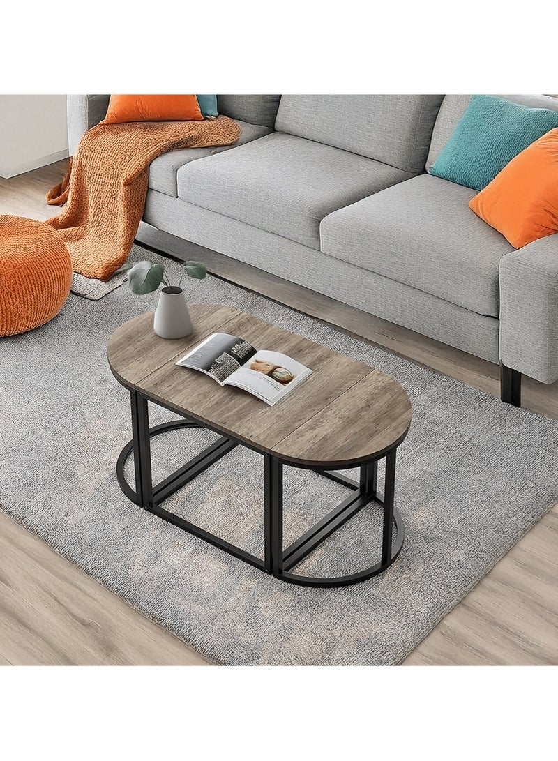 AGD 3-Piece Oval Coffee Table Set, Stackable, Center Table with Metal Frame for Home and Office, Grey  - Image 1