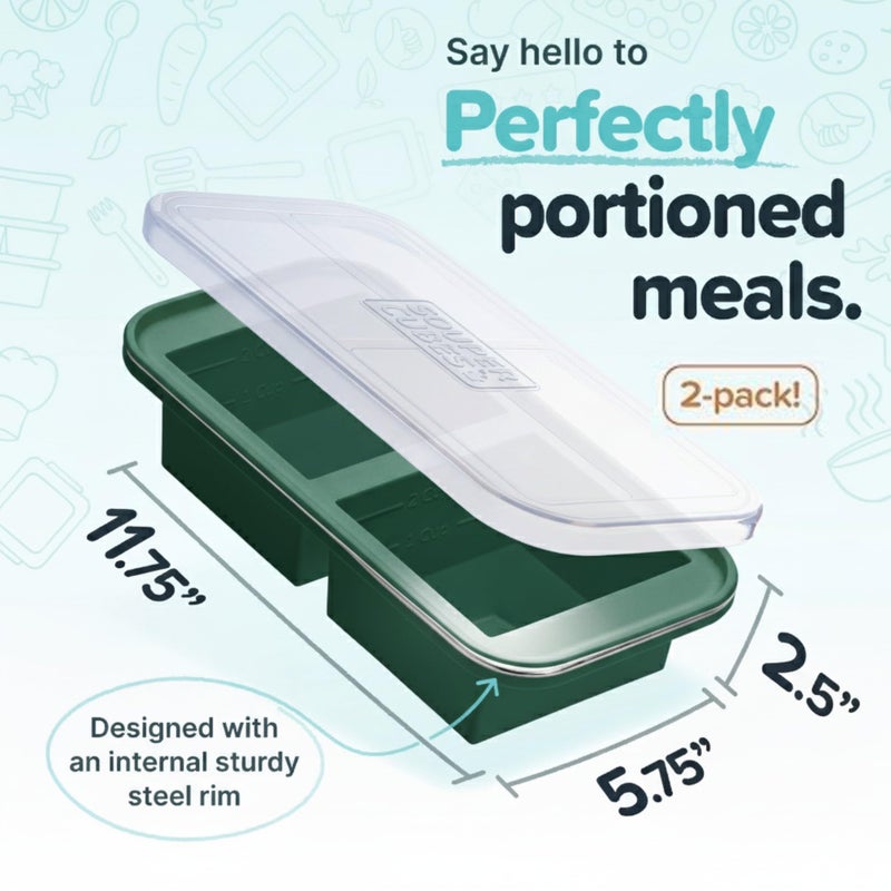 Souper Cubes 2 Cup Silicone Freezer Tray with Lids, Perfect for Storing Lasagna, Leftovers, Sauces, Portioned Meals and More, Silicone Soup Freezer Molds for Meal Prepping - Kale - 2-Pack - Image 2