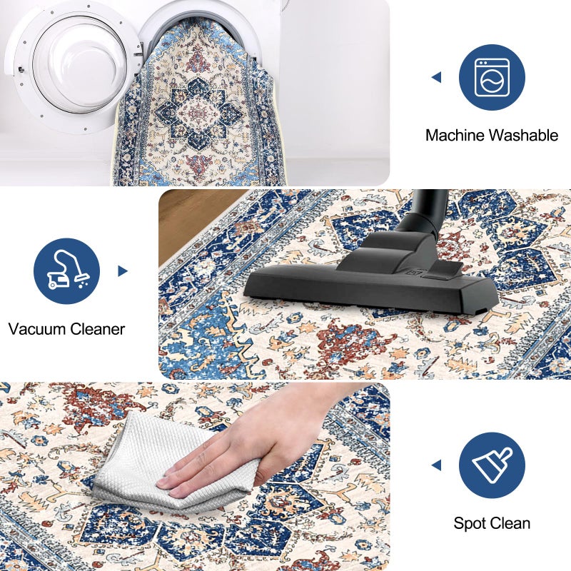 Yamaziot Washable Runner Rug, 2x8 Non-Slip Boho Vintage Hallway Rug with Rubber Backing, Low Pile Faux Wool Distressed Carpet Runner for Bedroom, Kitchen, Laundry, Entrance - Image 4