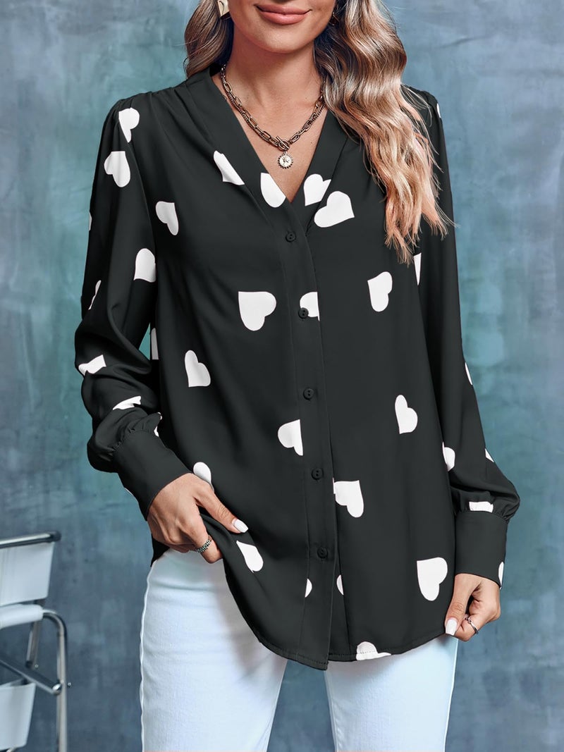 Flowyair Women's V Neck Shirts Button Down Long Sleeve Heart Print Casual Work Blouses X-Black - Image 4