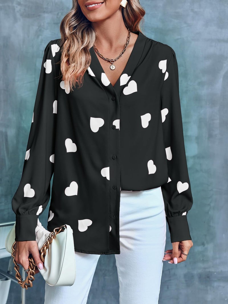Flowyair Women's V Neck Shirts Button Down Long Sleeve Heart Print Casual Work Blouses X-Black - Image 3