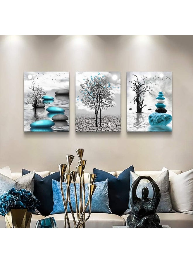 DZRWUBHS Canvas Wall Art for Living Room Wall Decor for Bedroom Bathroom Black and White Paintings Modern 3 Piece Framed Canvas Art Prints Ready to Hang Inspirational Abstract Blue Pictures Home Decorations - Image 3