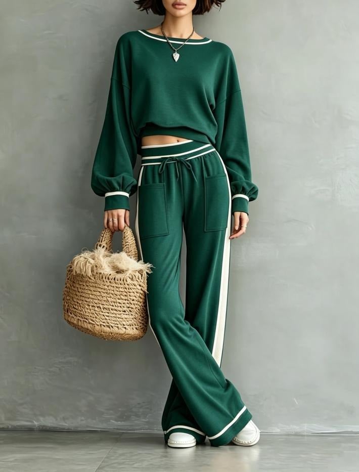 2026 Autumn/Winter Casual Solid Color Two-Piece Set: Round Neck Long Sleeve Sweatshirt & Wide Leg Drawstring Sweatpants - Dark Green