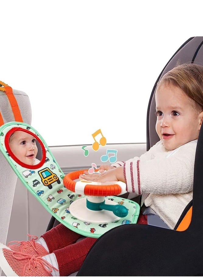 BELLSBERRY Baby Car Seat Steering Wheel Toy with Mirror, Music, Lights & Driving Sounds – Sensory Stroller Toy for Infants - Image 1