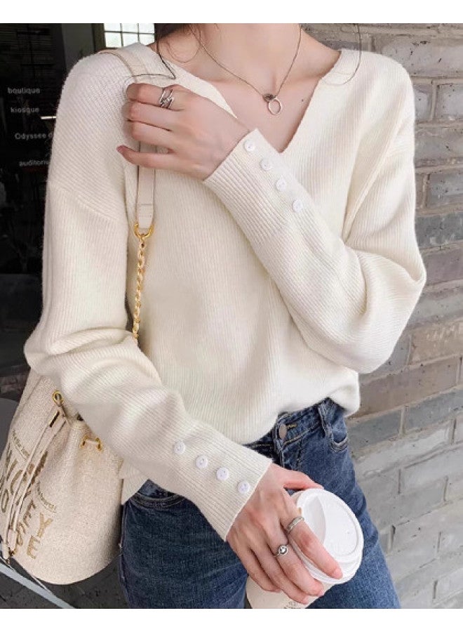Modal Lazy Style Soft Solid Color V-Neck Knitted Long Sleeve Base Shirt, Autumn Winter Women'S Gentle And Casual Top For Layering - Image 1