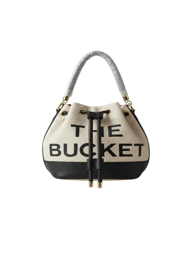 Women’s Stylish Bucket Handbag | Premium PU Leather Drawstring Top Handle Bag | Lightweight Mini Hand Bag for Office, Casual & Party Use (Cream & Black) - Image 1