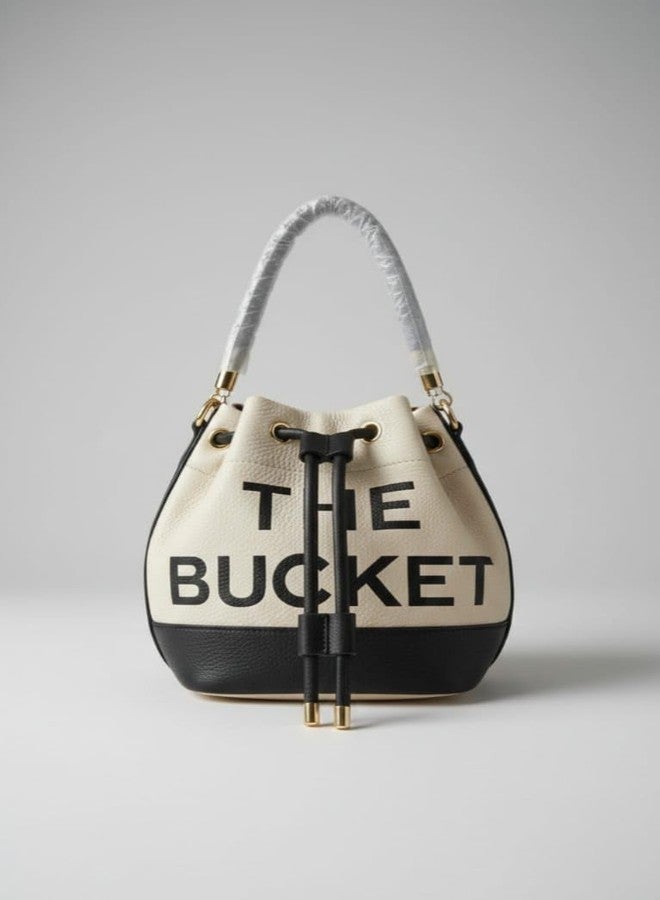 Women’s Stylish Bucket Handbag | Premium PU Leather Drawstring Top Handle Bag | Lightweight Mini Hand Bag for Office, Casual & Party Use (Cream & Black) - Image 3