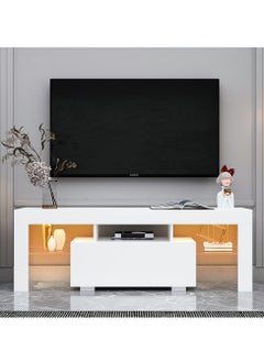 LED TV Stand for 55 60 65 Inch TV, White Wood TV Cabinet With Drawer and Shelf for Living Room