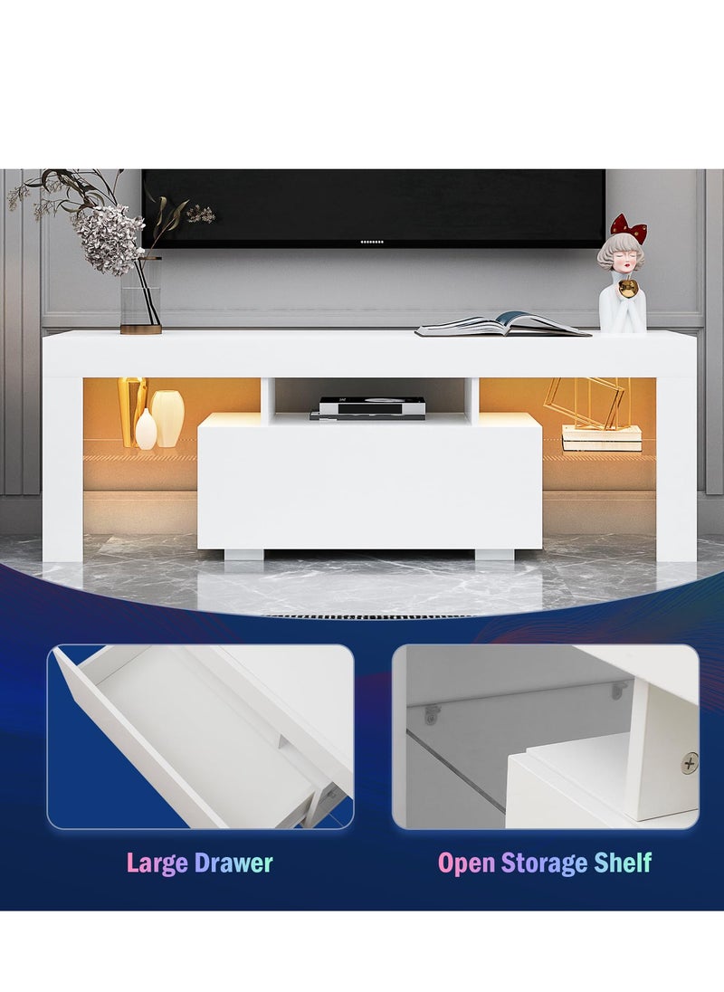 Boloni - LED TV Stand for 55 60 65 Inch TV, White Wood TV Cabinet With Drawer and Shelf for Living Room - Image 1