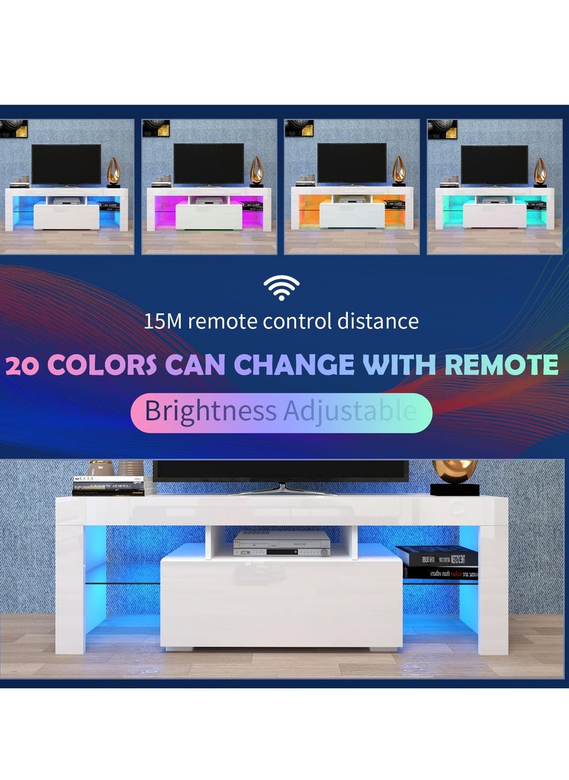 Boloni - LED TV Stand for 55 60 65 Inch TV, White Wood TV Cabinet With Drawer and Shelf for Living Room - Image 1