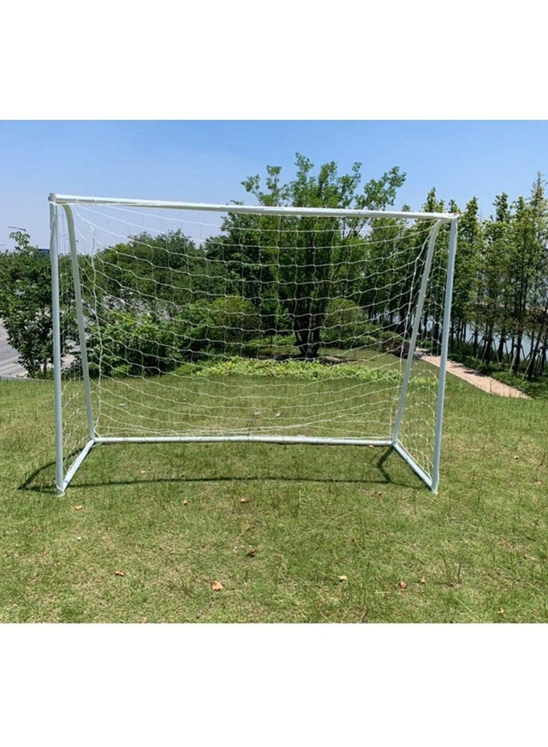 Portable iron soccer goal with net,white frame, beige with stakes for fixing in the ground. - Image 1
