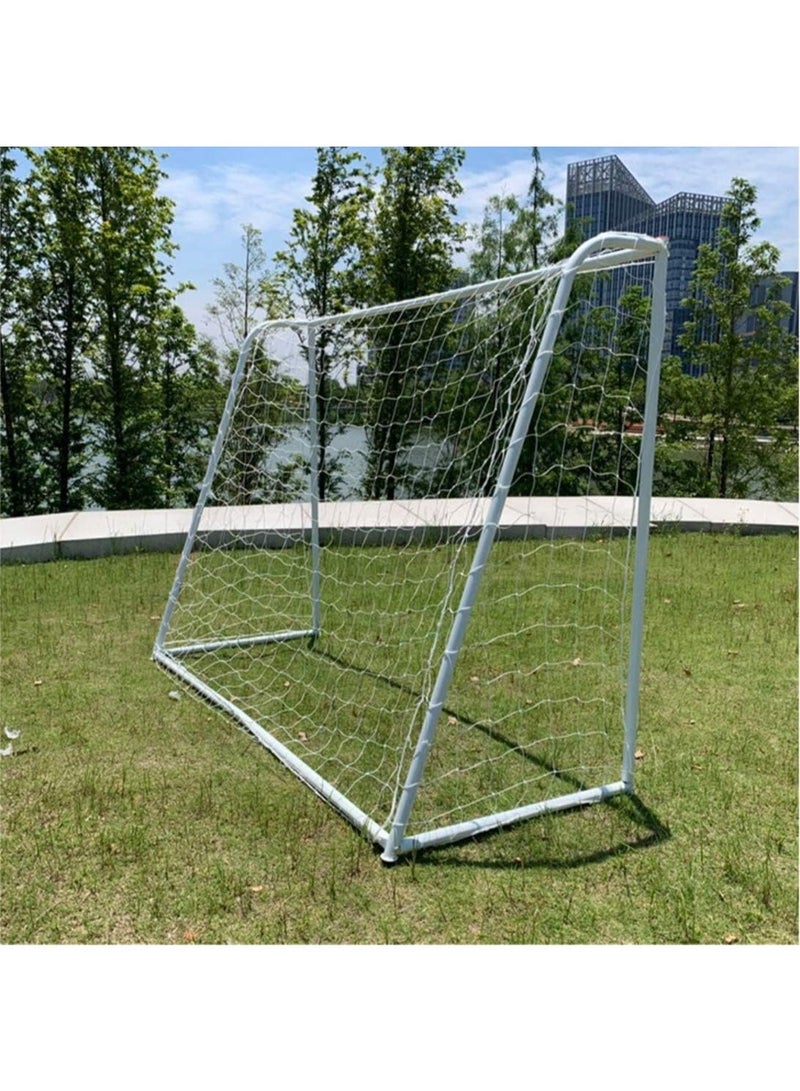 Portable iron soccer goal with net,white frame, beige with stakes for fixing in the ground. - Image 2
