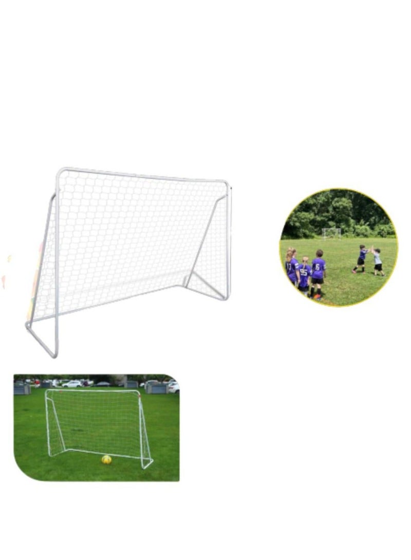 Portable iron soccer goal with net,white frame, beige with stakes for fixing in the ground. - Image 3