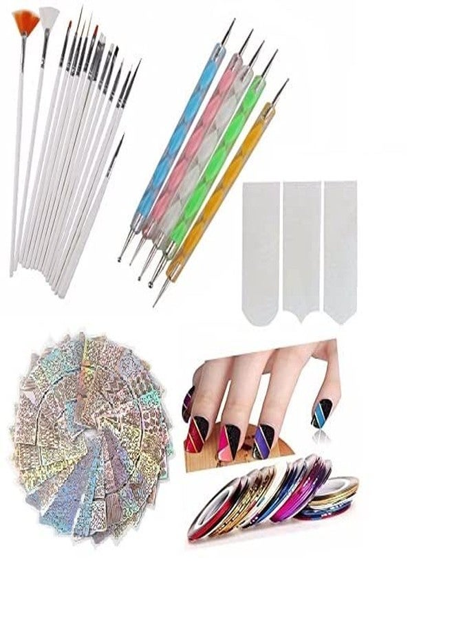 TREXEE Nail Art Paint Kit -15 Nail Brushes,5 Nail Dotting Pen,10 Adhesive Nail Striping Tape 1Tipping guide Waterproof Self Adhesive Nail Art Stencil Stickers Manicure Tool Set (nail art kit) - Image 1